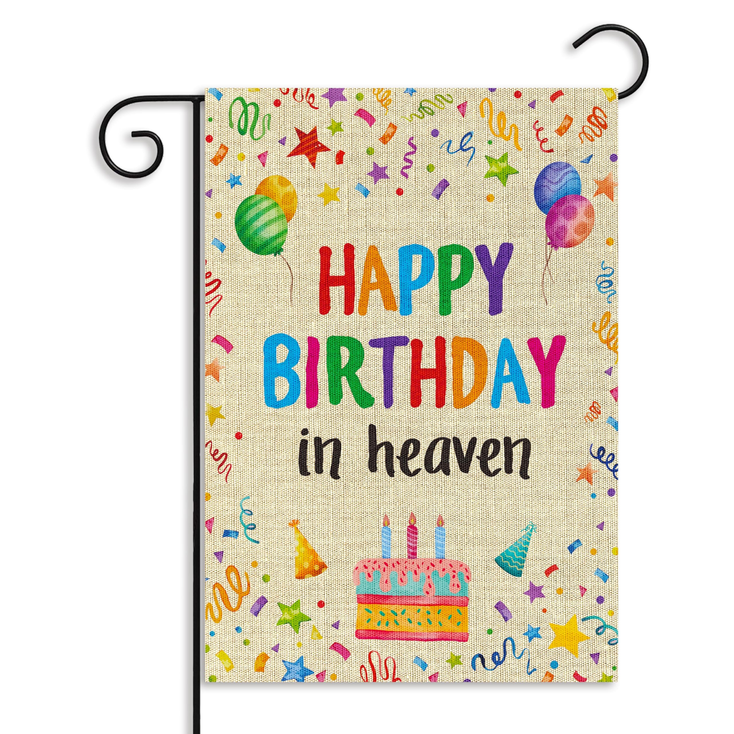 Photo 1 of WATINC Happy Birthday in Heaven Garden Flag - Colorful Ribbons Funeral Memorial Flags for Sympathy, 12 x 18 Inch Linen Yard Decorations, Grave Cemetery Farmhouse Outdoor Decor Supplies (Multicolored)