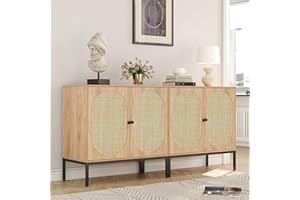 Yechen Set of 2 Sideboard Cabinet with Natural Rattan Hand-Woven Doors, 63" Rattan Cabinet, Accent Buffet Storage Console Cane Credenza, for Living Room Entryway, Metal Legs/Natural
