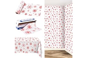 Kochorie 100 Ft x 54 Inch Red Snowflake Tablecloth Roll with Cutter Box Christmas Themed Snowflake Printed Cut to Size Table Cover Disposable Winter Backdrop for Frozen Birthday Party Supplies