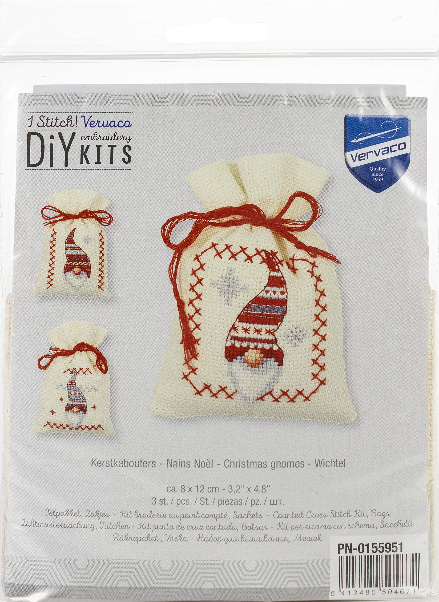 Vervaco Counted Cross Stitch: Pot-Pourri Bag: Christmas Elves (Set of 3), COTTON, NA, 8 x 12cm