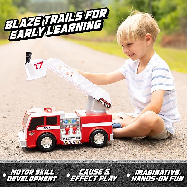 MAXX ACTION 2-N-1 FIRETRUCK WITH JOYSTICK CONTROLS, LIGHTS, SIREN SOUNDS, MOTORIZED MOVEMENT, AND 360° SPINNING LADDER – 16-INCH RESCUE TOY VEHICLE FOR KIDS