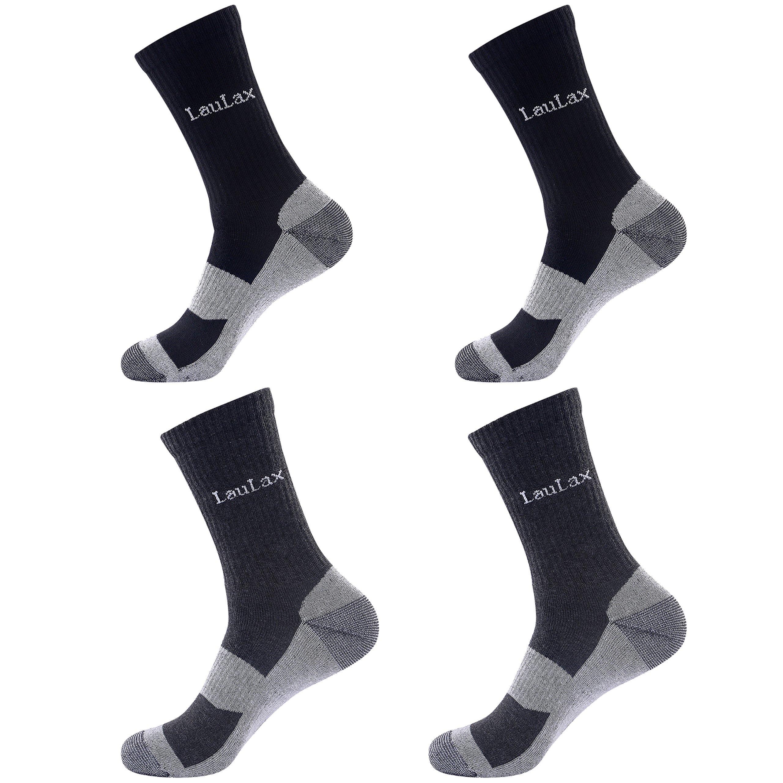 Laulax 4 Pairs Ultra Comfortable Finest Combed Cotton Breathable Reinforced Seamless Toe Work Socks, Size UK 7-11 / Europe 41-46, Black and Grey, Luxury Gift Set