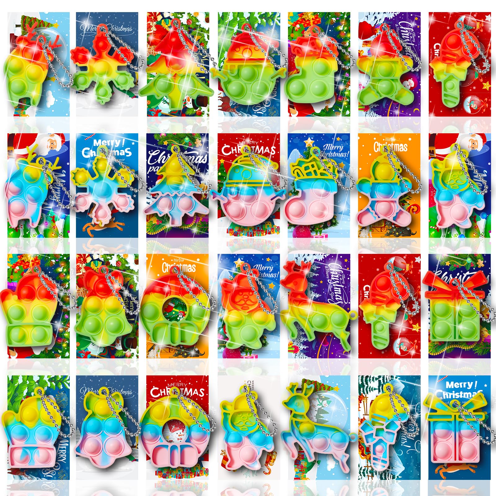 TOANWOD 30 PCS Christmas Stocking Fillers Eve Box Fillers: Christmas Gifts Party Bag Fillers for Kids - Xmas Fidget Toys - Xmas Class Prize Multi-Item Party Favour Packs (30Keyring + 30Cards)