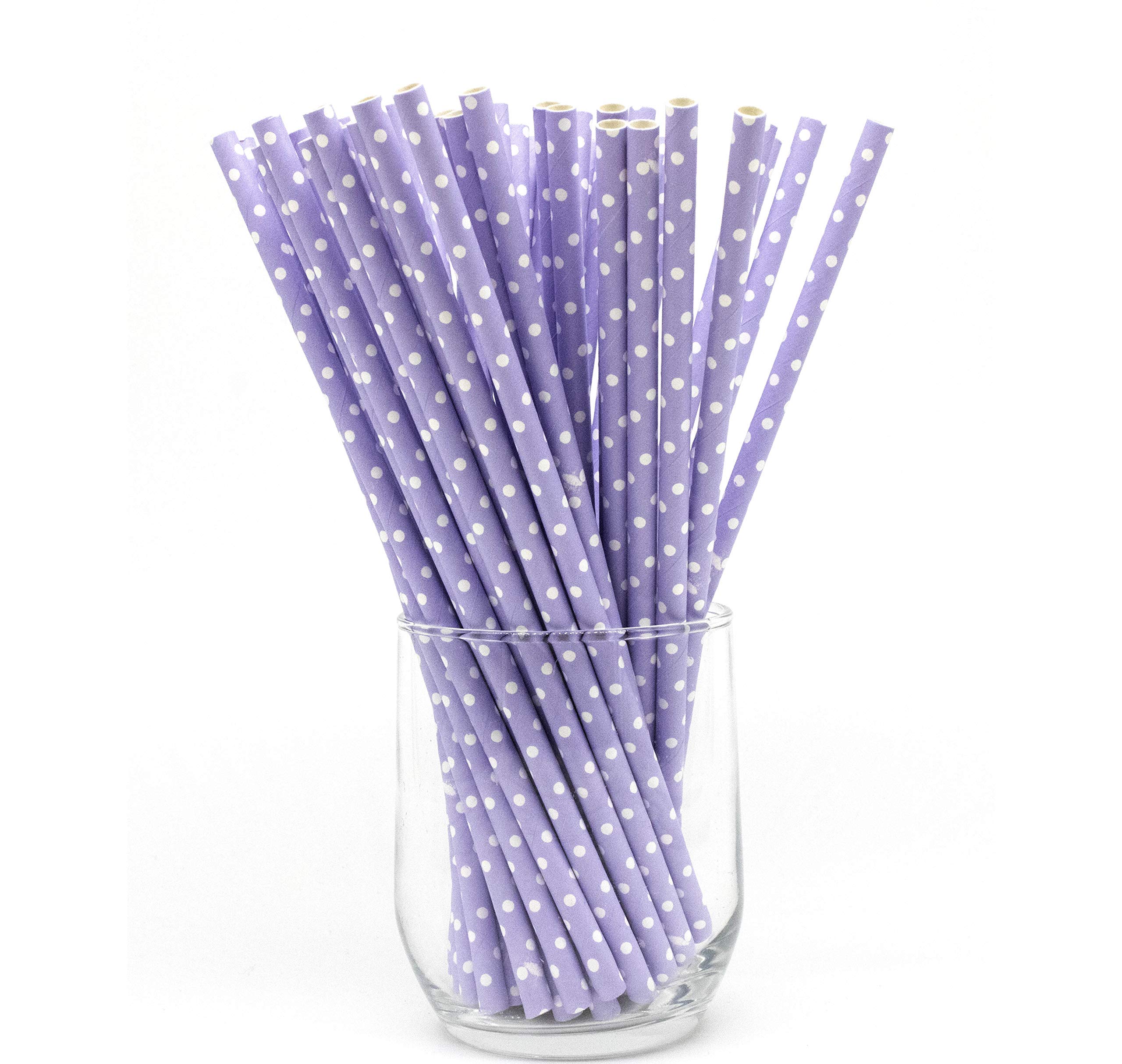 Fancy Paper Drinking Straws 100 Pcs Bulk Biodegradable Plastic Free Straws for Parties, Baby Birthdays, Weddings Party, DIY Decorations, Valentines, in Bright Color Striped (Purple with White Dots)