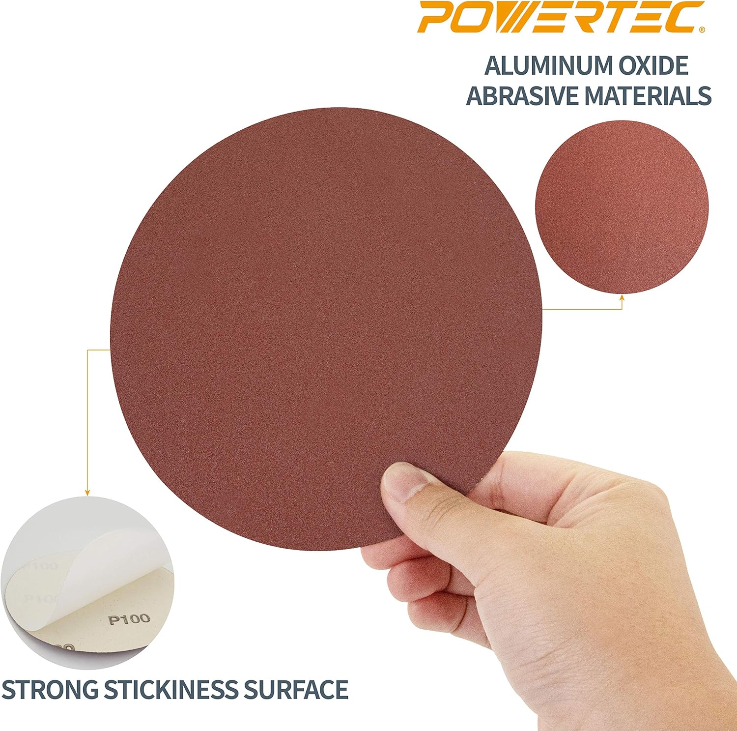 POWERTEC 110260 6-Inch PSA 100 Grit Aluminum Oxide Adhesive Sanding Disc, 10-Pack - Hook And Loop Discs - 