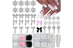 Gehaiwo 182PCS Snowflake Bow Nail Charms 1Box Nail Pearls 1 Box Fluffy Ball Charms，Silver Alloy Nail Accessories White Black Pink Bow Nail Jewels for Nail Art Supplies DIY Nail Craft
