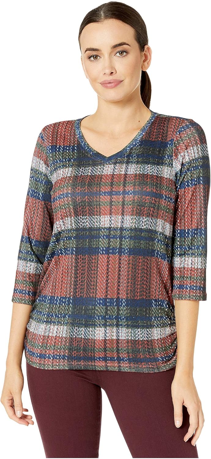 FDJ French Dressing Jeans Plaid Print VNeck 3/4 Sleeve Top Ginger XS