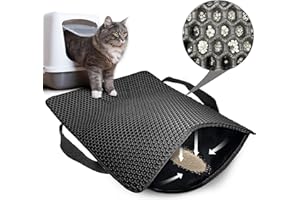 HANBRAMO Cat Litter Mat, Honeycomb Double Layer Non-Slip Kitty Litter Box Mat, Waterproof and Urine Proof Cat Mat For Litter Catcher, Litter Box Mat Scatter Control (Black, 30x24 Inch)