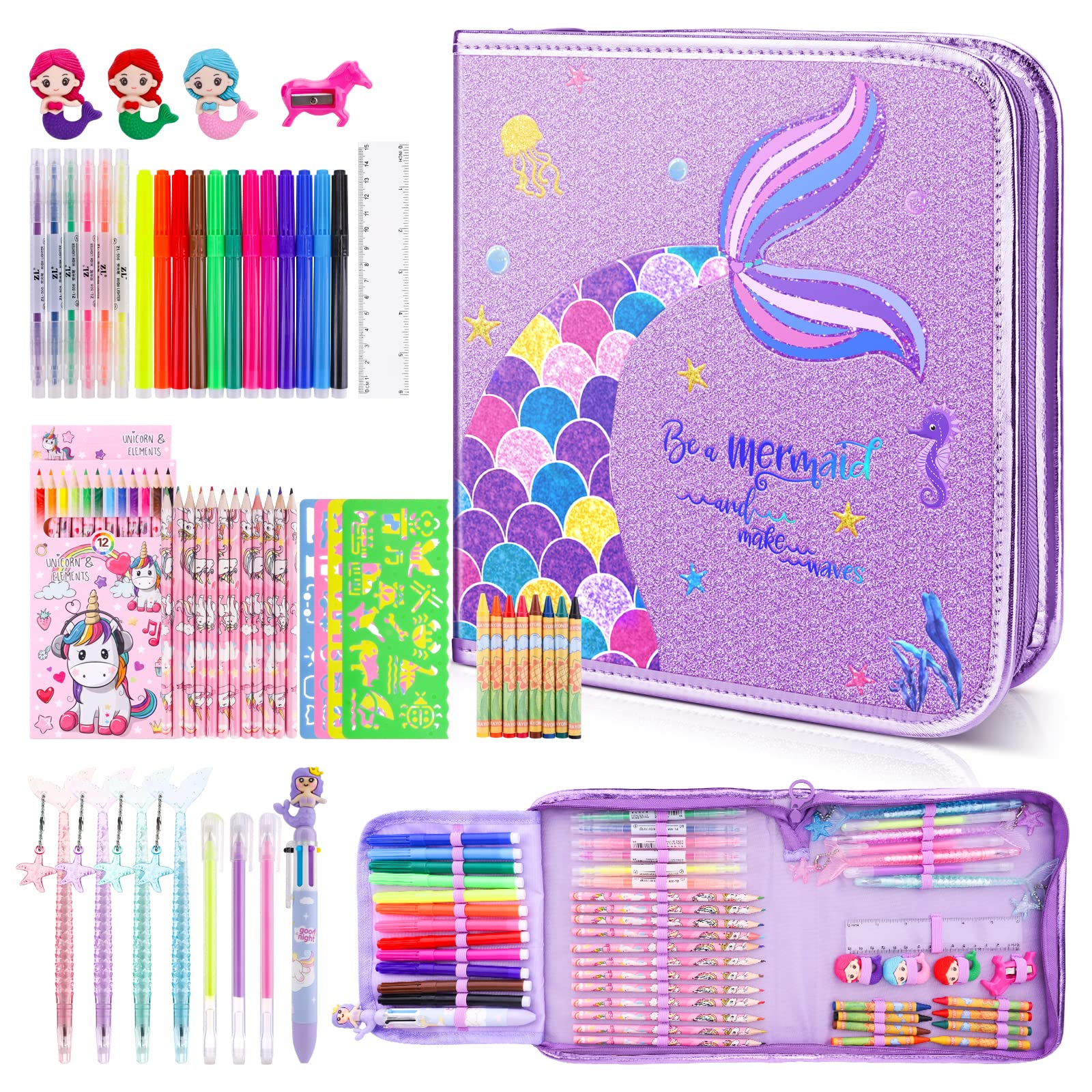 JYPS 56PCS Sparkly Girls Colouring Set for Children with Mermaid Pencil Case, Scented Markers,Colored Pens, Pencils and Crayons, Unicorn Gifts For Girls or For Art and Craft or For School Supplies