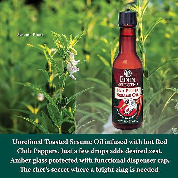 EDEN HOT PEPPER TOASTED SESAME CHILI OIL, UNREFINED EXPELLER PRESSED, 5 OZ AMBER GLASS BOTTLE