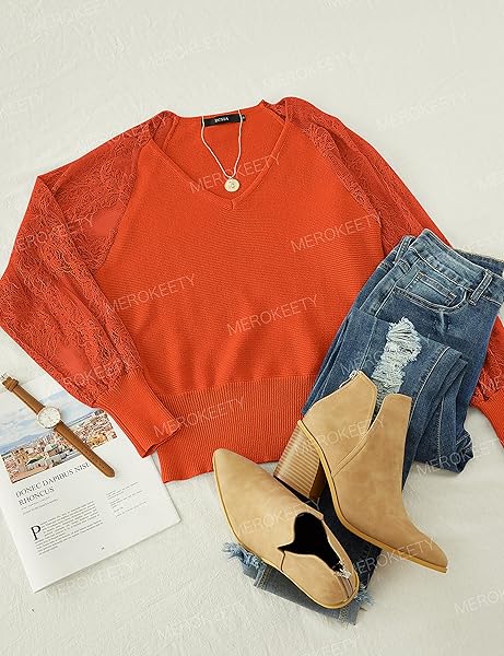 MEROKEETY WOMEN’S 2024 V NECK LACE PATCHWORK LONG BATWING SLEEVE COMFY KNIT PULLOVER SWEATERS ORANGE