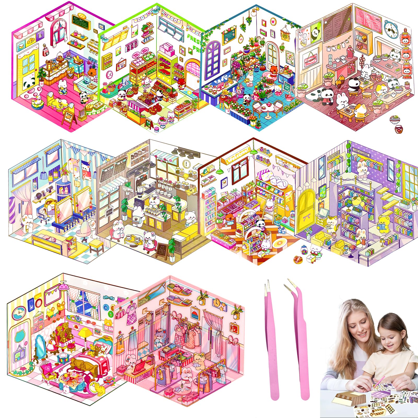 10 Sets DIY 3D House Stickers Kit Non-Toxic & Safe 3D Miniature Scene Therapy for Kids and Adults, Stress Relief Sticker Scenes with Tweezers Creative Fun & Reusable DIY Sticker Therapy Kit for age 3+ — image 1