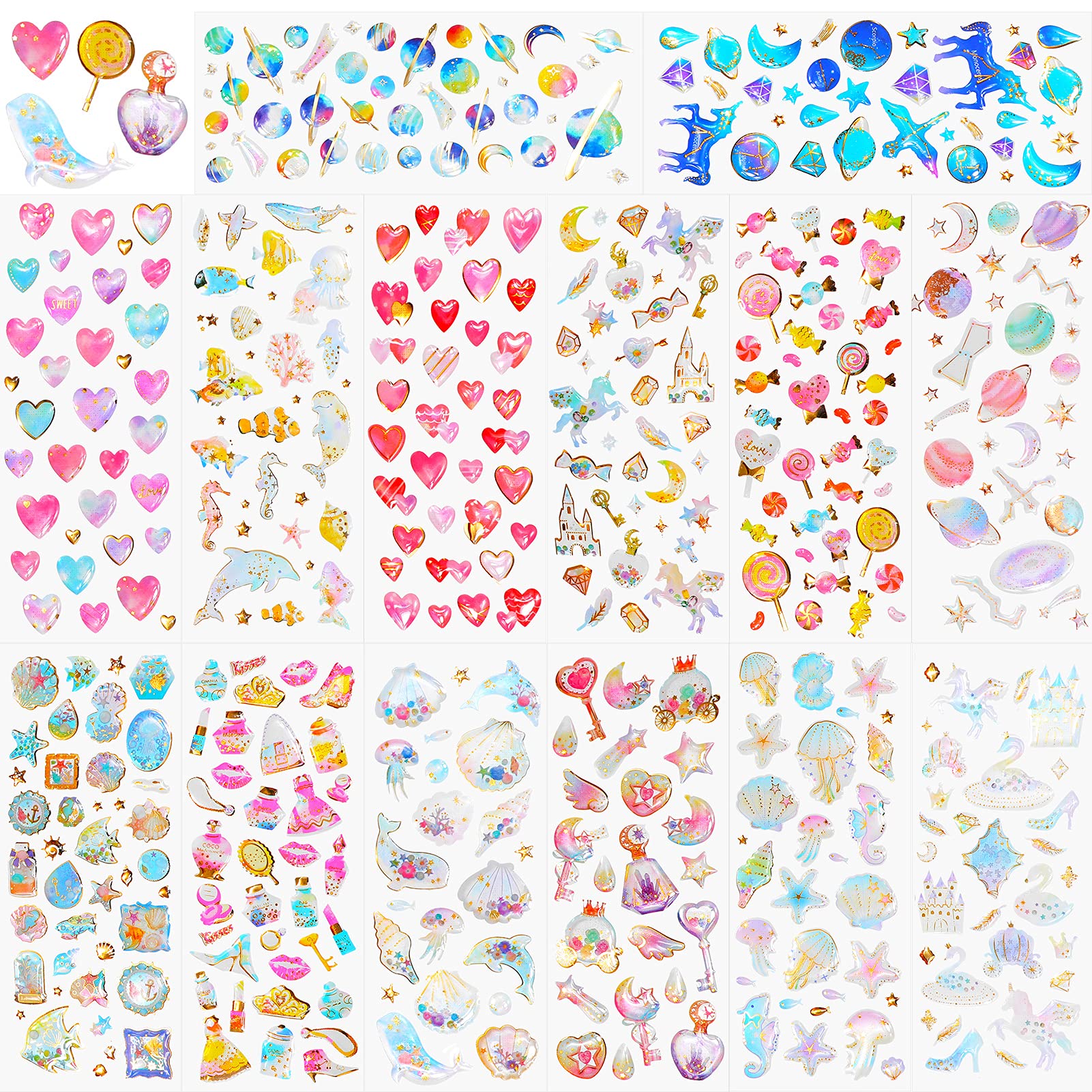 HOWAF 500+ 3D Puffy Stickers for Kids Girls Crafts DIY Scrapbooking, Glitter Epoxy Stickers for Journal Photo Albums, Rainbow Unicorn Heart Planet Star Princess See Animal Sweet Flamingo