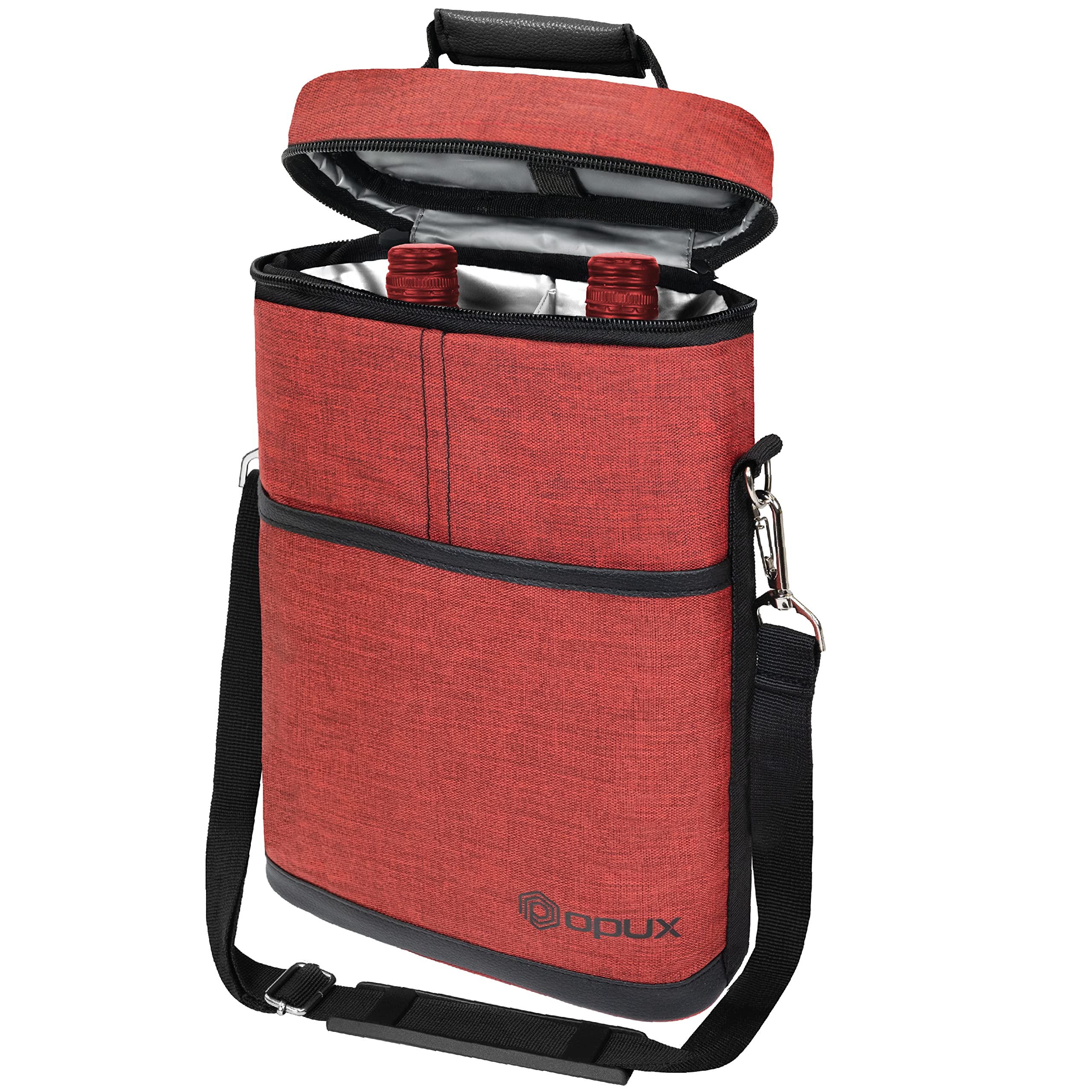 opux 2 Bottle Wine Carrier Tote, Insulated Leakproof Wine Cooler Bag, Wine Travel Bag for Picnic BYOB Beach, Portable Wine Bottle Carrying Case, Gift for Wine Lover Women Men Christmas, Red
