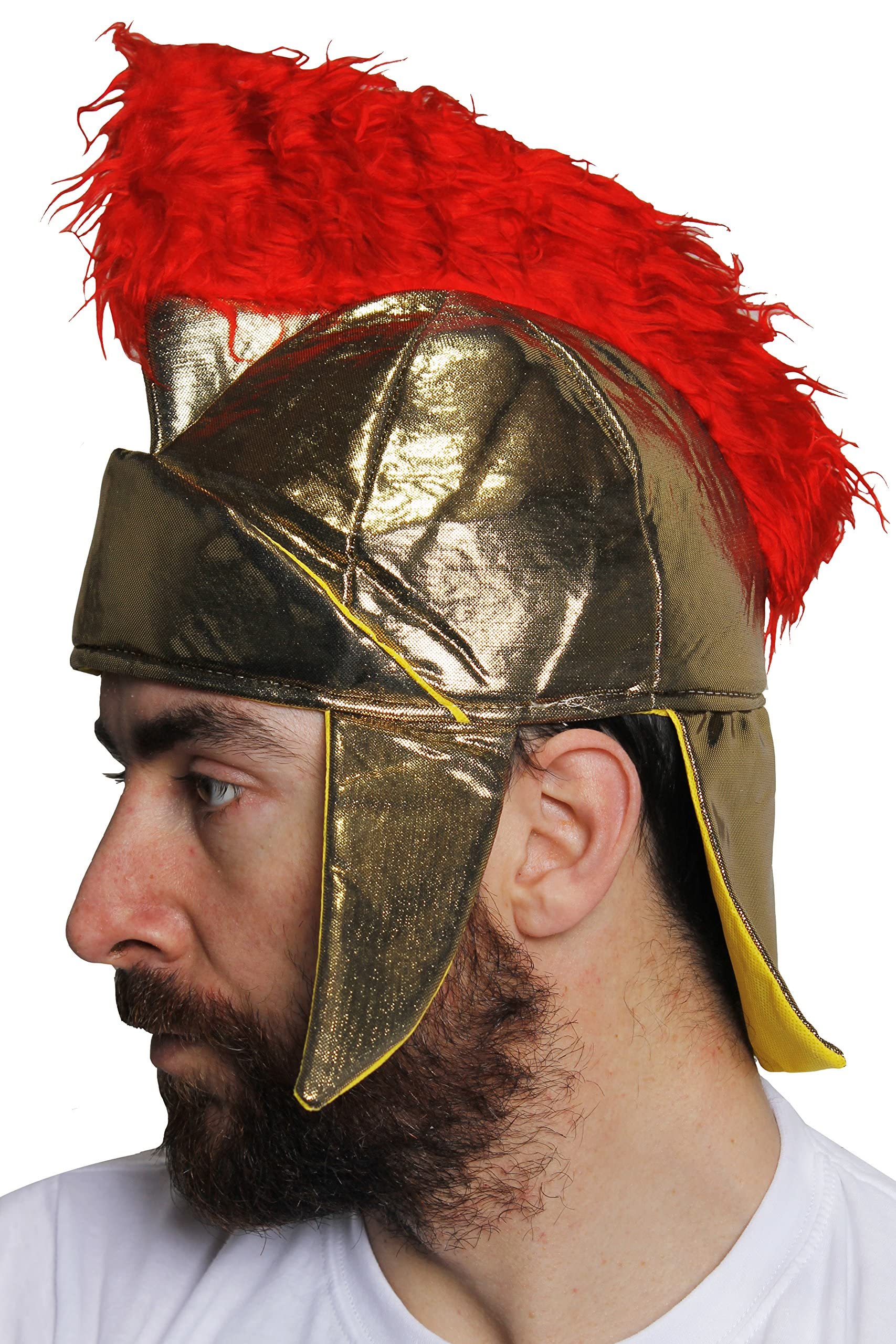 Adults Roman Gladiator Hat - Gold Greek Spartan Warrior Helmet With Red Faux Fur Plume - Perfect for Gladiator Roman Dress Up, Shows and Productions or Any Other Fancy Dress Event - Pack Of 1