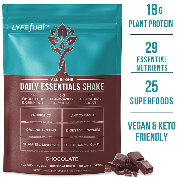 Lyfe Fuel Keto Meal Replacement Shake Vegan Gluten Free Plant Based Protein Organic Superfood Greens Chocolate 18g Rice Pea Protein 28