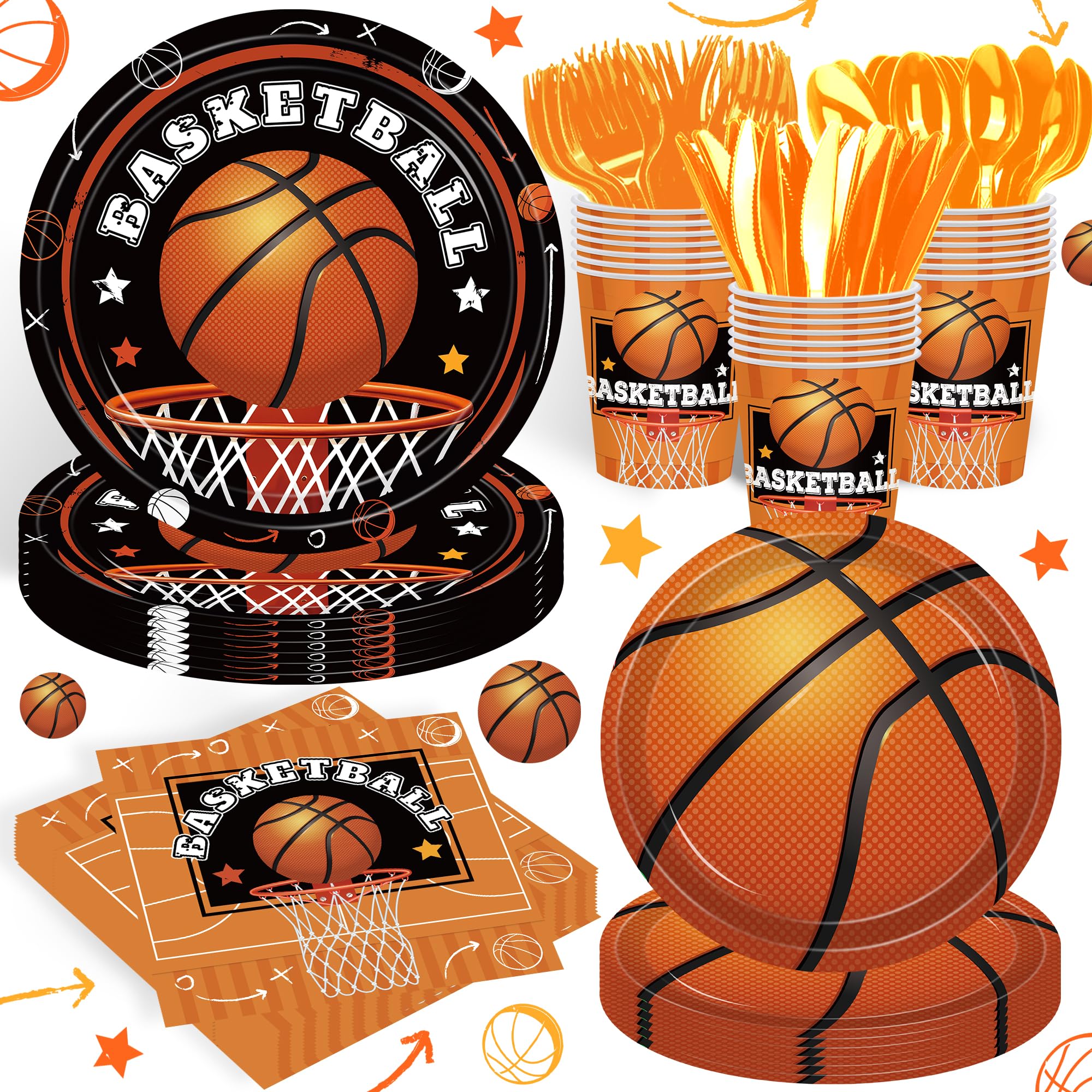Photo 1 of 140pcs Basketball Birthday Party Supplies Basketball Sports Theme Birthday Party Supplies Tableware Set, Include Basketball Plates and Napkins Set for Boy Basketball Party Decorations Serves 20