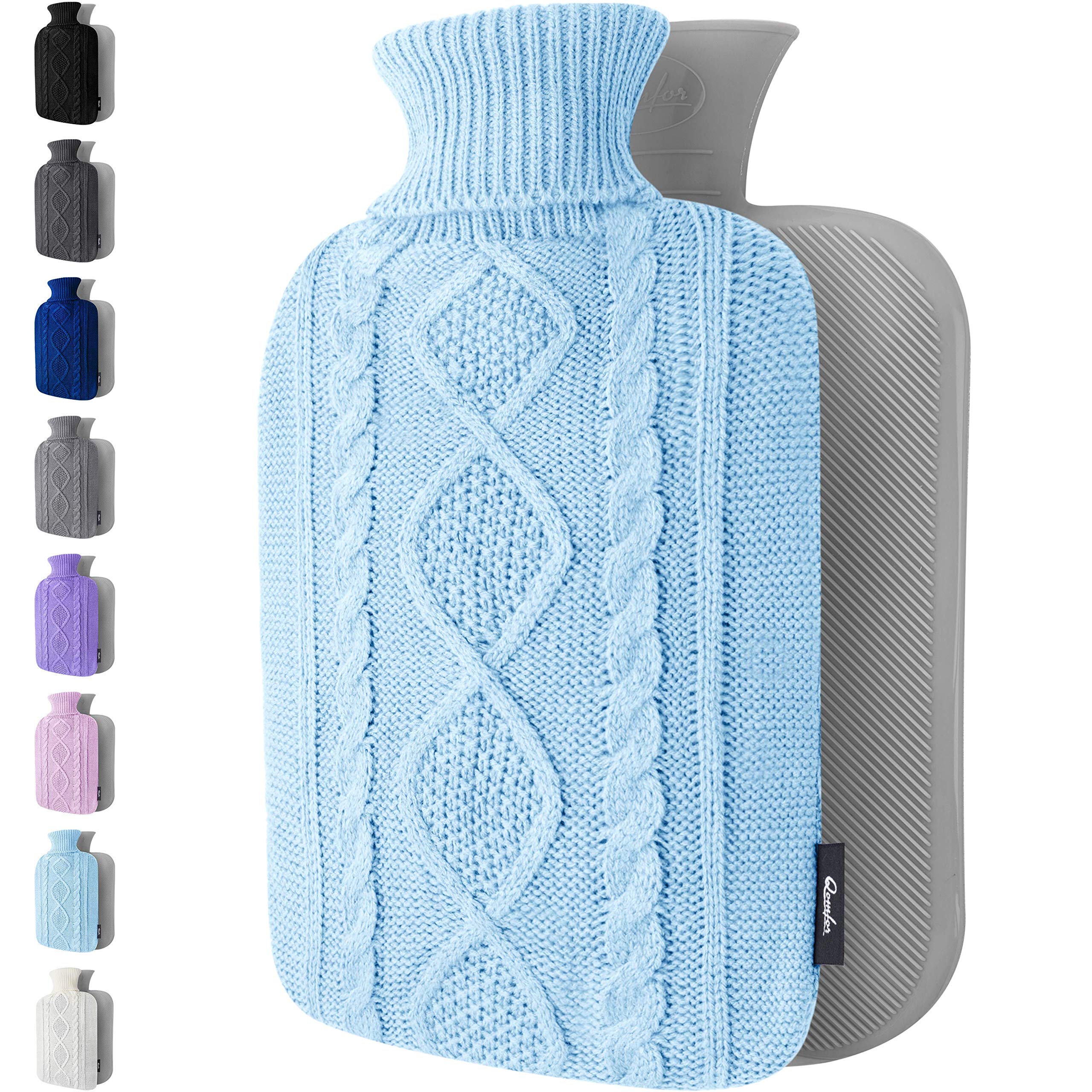 Hot Water Bottle - with Soft Premium Knitted Cover - Blue, 2L - Heating Pad for Menstrual Cramps and Period Comfort - Bed Foot Warmer - Hot & Cold Compress for Back, Stomach, Neck Pain Relief