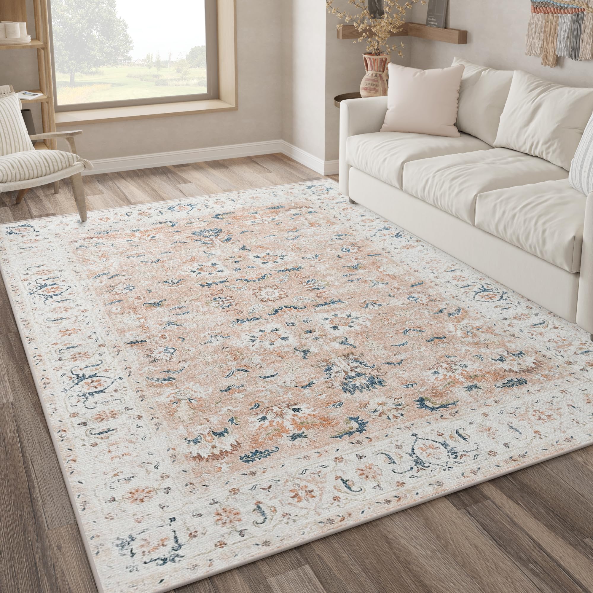Photo 1 of COLLACT 9x12 Area Rug - Vintage Distressed Living Room Washable Rug Floral Pink Print Bedroom Non Slip Backing Retro Low Pile Thin Farmhouse Carpet for Dining Room Laundry Room