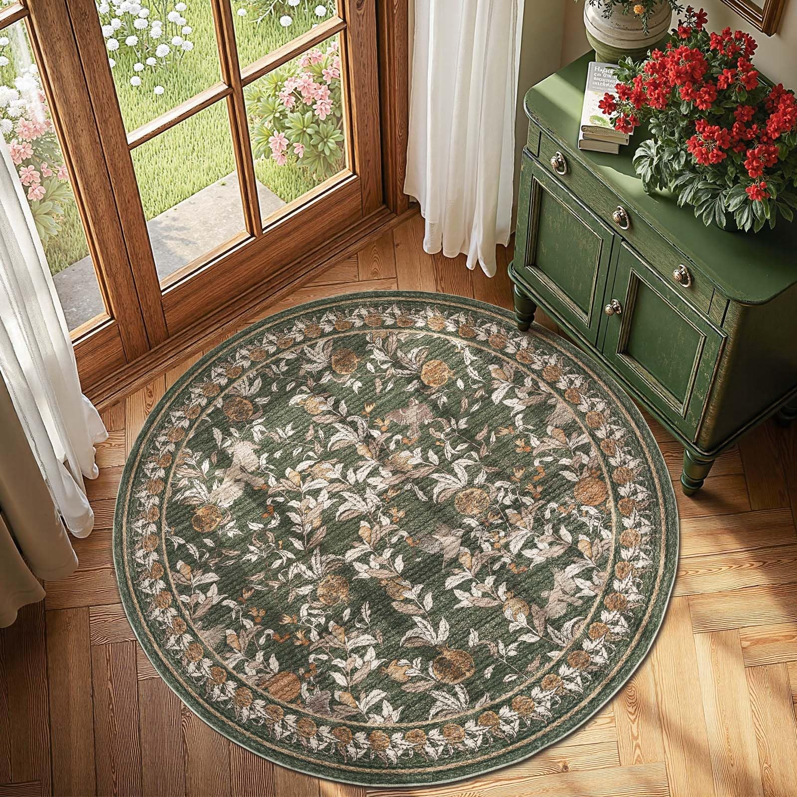 Photo 1 of jinchan Eden Floral Round Rug 5ft Area Rug Washable Vintage Soft Non-Slip Distressed Orange Green 5' Circle Christmas Carpet Low Pile Accent Rug for Entryway Living Room Bedroom Home Office