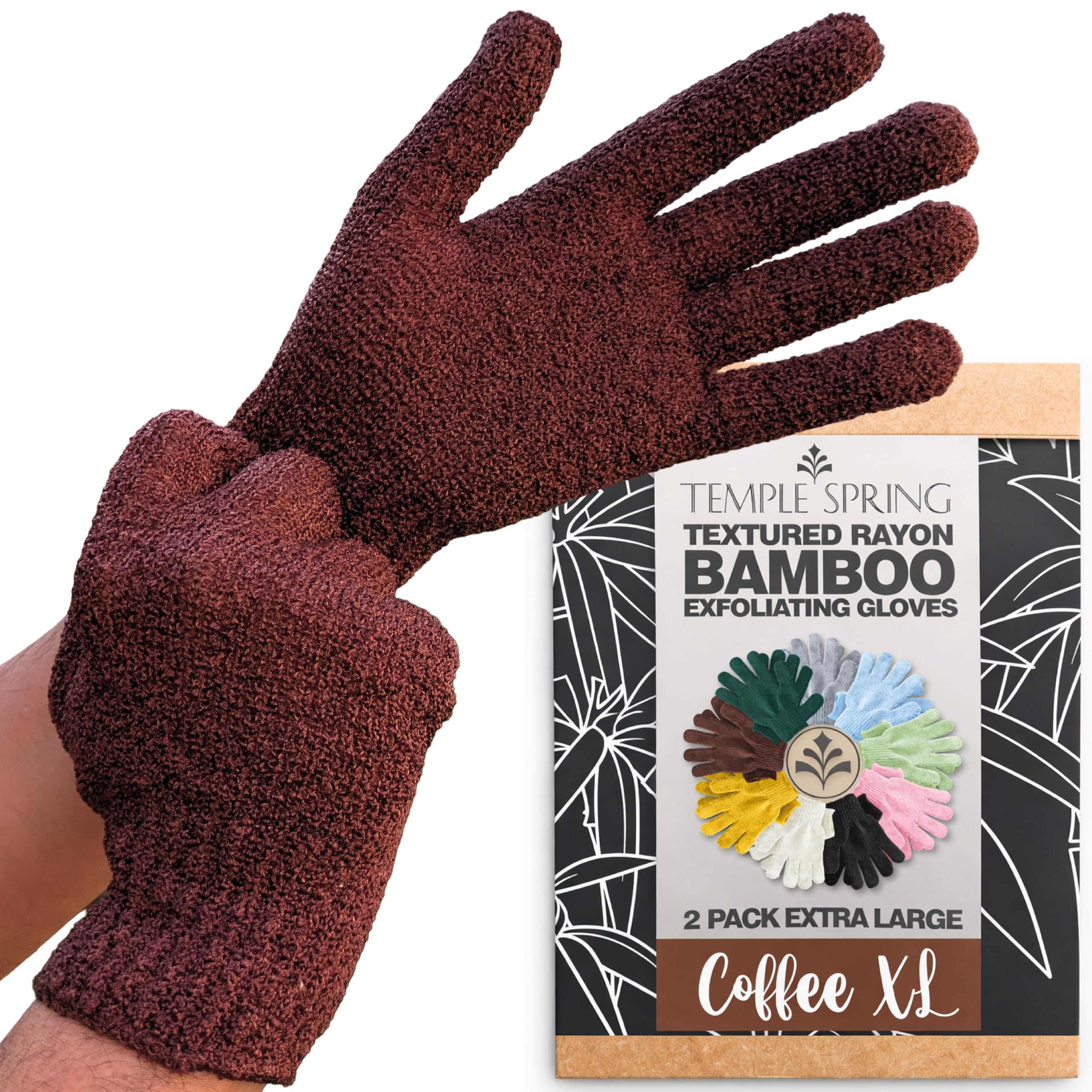 Temple Spring Exfoliating Glove, Carbonized Rayon Bamboo Body Scrubber, Loofah Exfoliating Mitt, Shower Scrubber Wash Cloth, Body Exfoliator Scrub, Loofa Shower Gloves Bath Sponge - Coffee XL