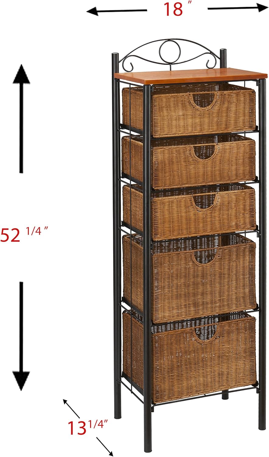 5 Drawer Storage Unit w/ Wicker Baskets - Versatile Tower - Wrought Iron Frame: Furniture & Decor
