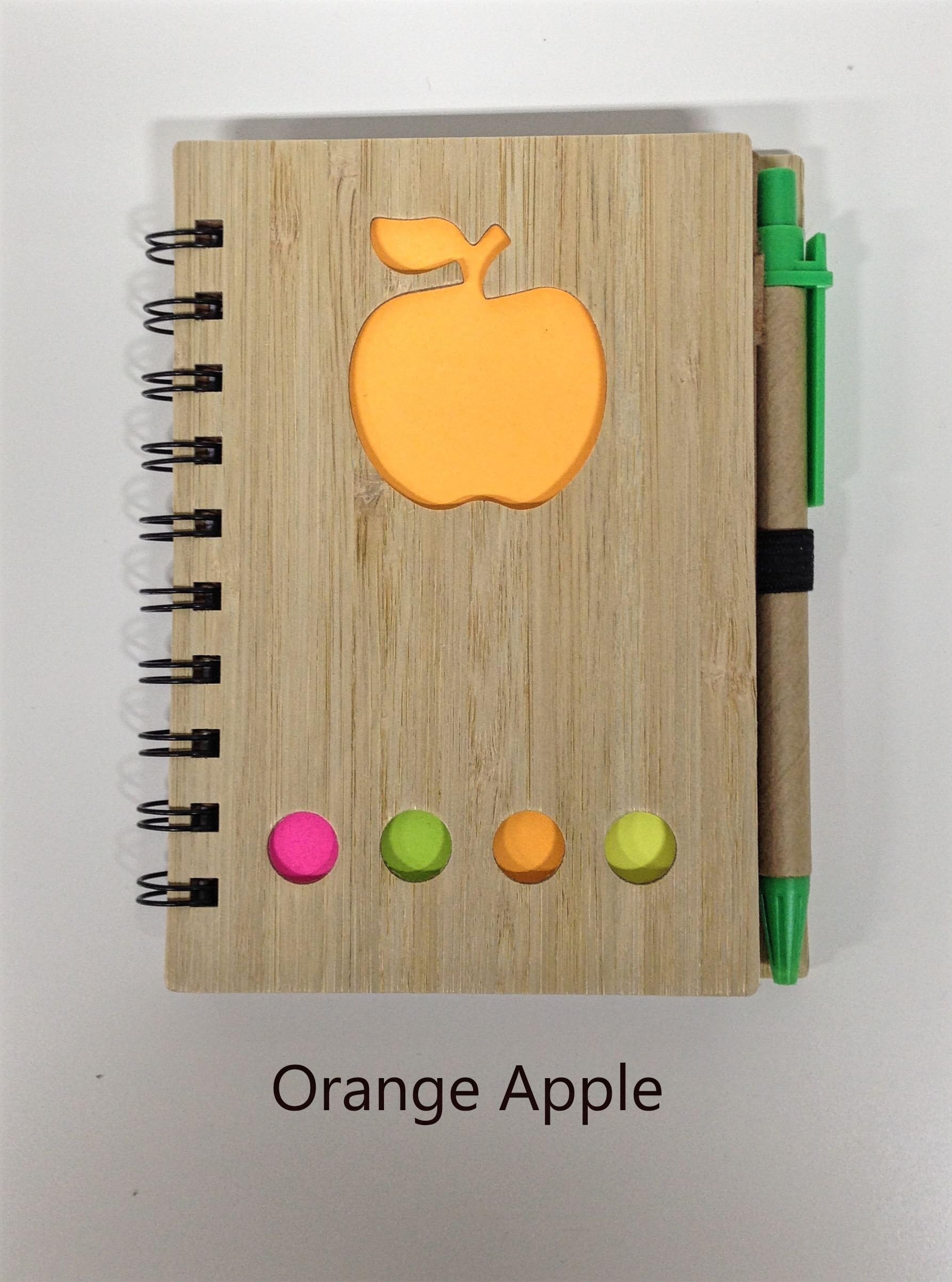Bamboo Cover Note Book with Recycled Paper/Pen and Post It Notes (Apple Orange)