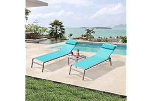 DOMI OUTDOOR LIVING Domi Patio Chaise Lounge Set, Aluminum Pool Lounge Chairs with 5 Adjustable Position, Breathable Textilene Fabric, Sunbathing Pool Chairs with Headrest and Side Table, Turquoise Blue