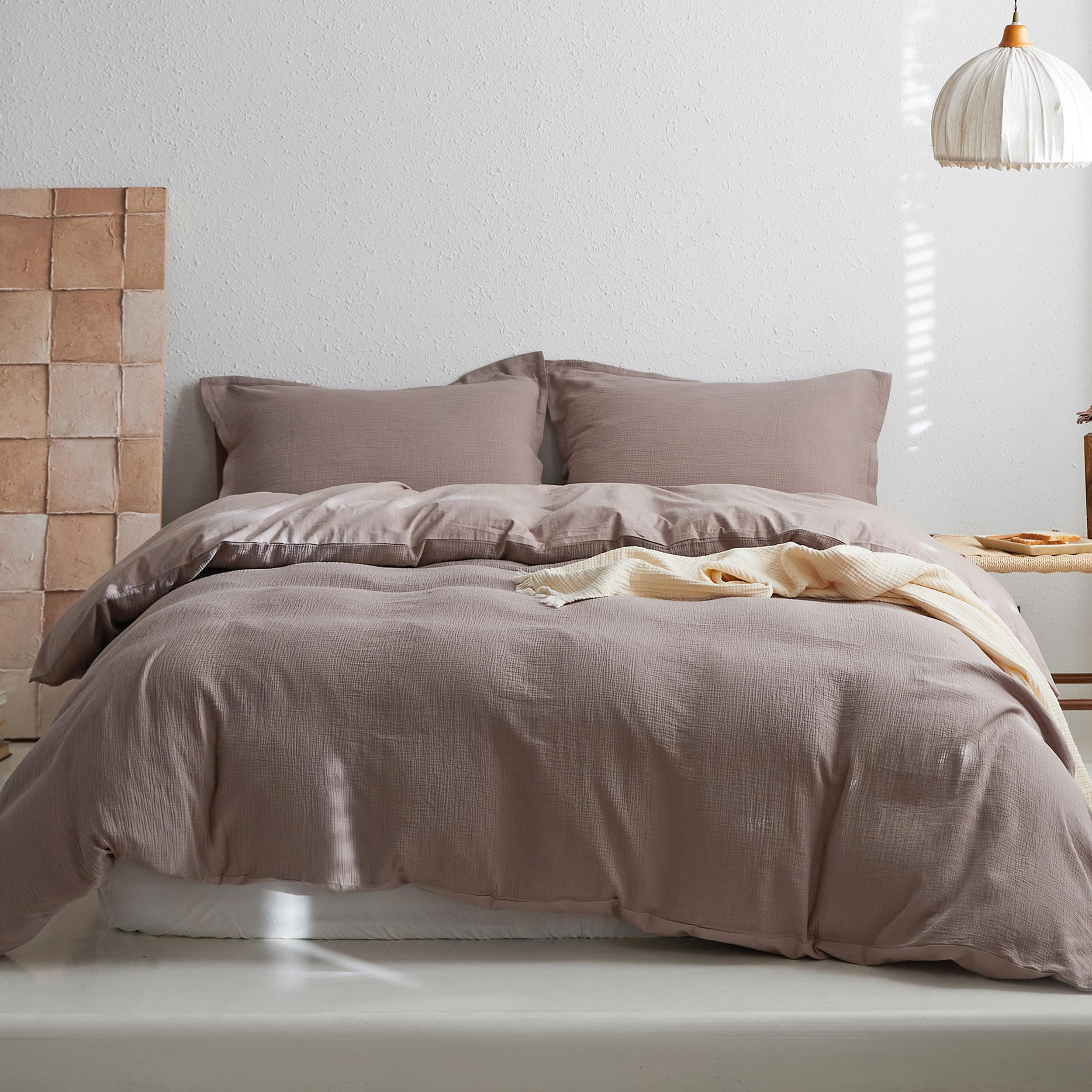 Simple&Opulence Muslin Double Duvet Cover Set, 100% Cotton Ultra Soft and Lightweight Textured Puckering Bed Duvet Cover with 2 Pillowcases(200×200cm, Coffee Grey)