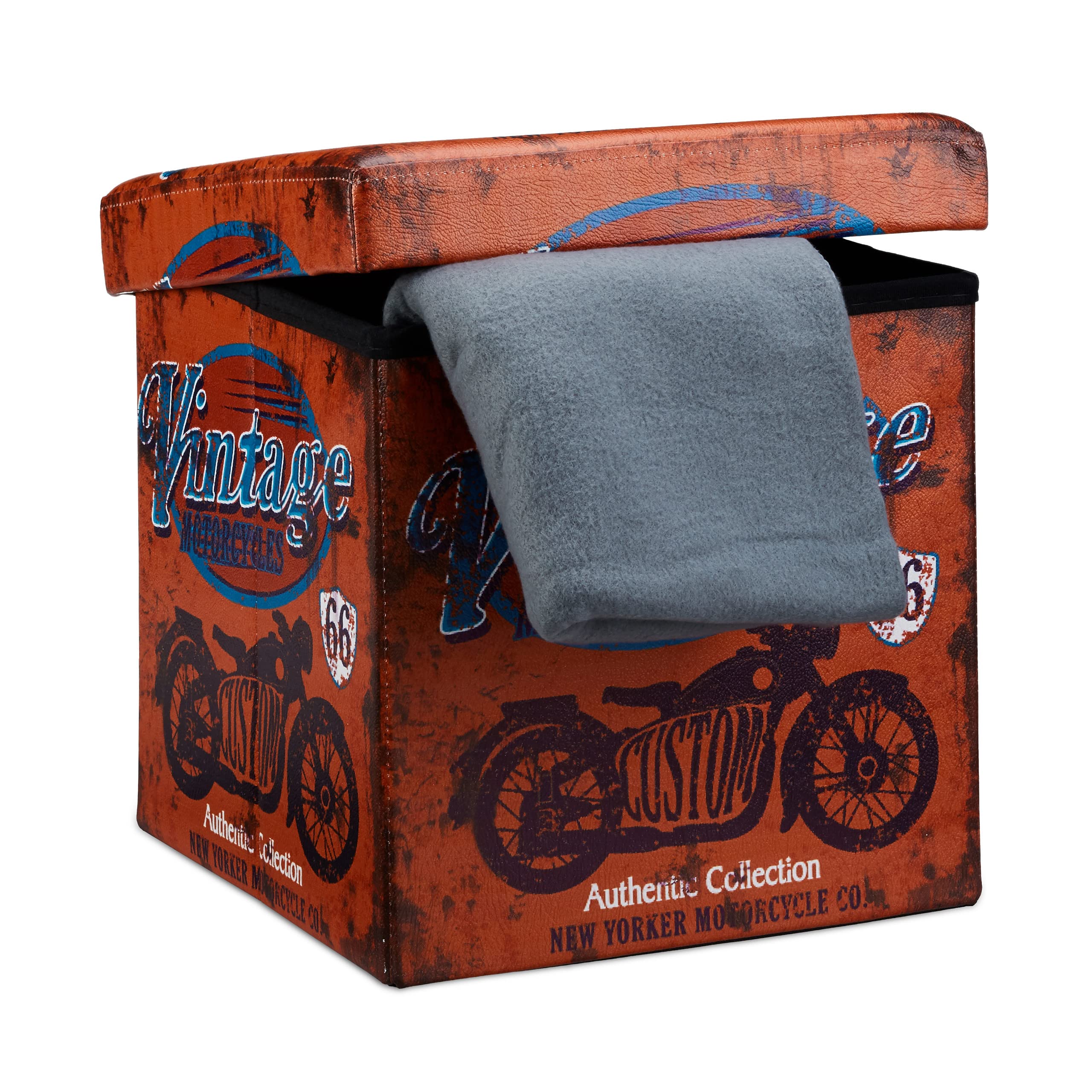 Relaxdays Folding Seat Box Ottoman 38 cm Sturdy Seat Cube with Trendy Motifs as Practical Footrest with Cofortable Faux Leather Cover for Storage Box Pouffe with Removable Lid, Vintage