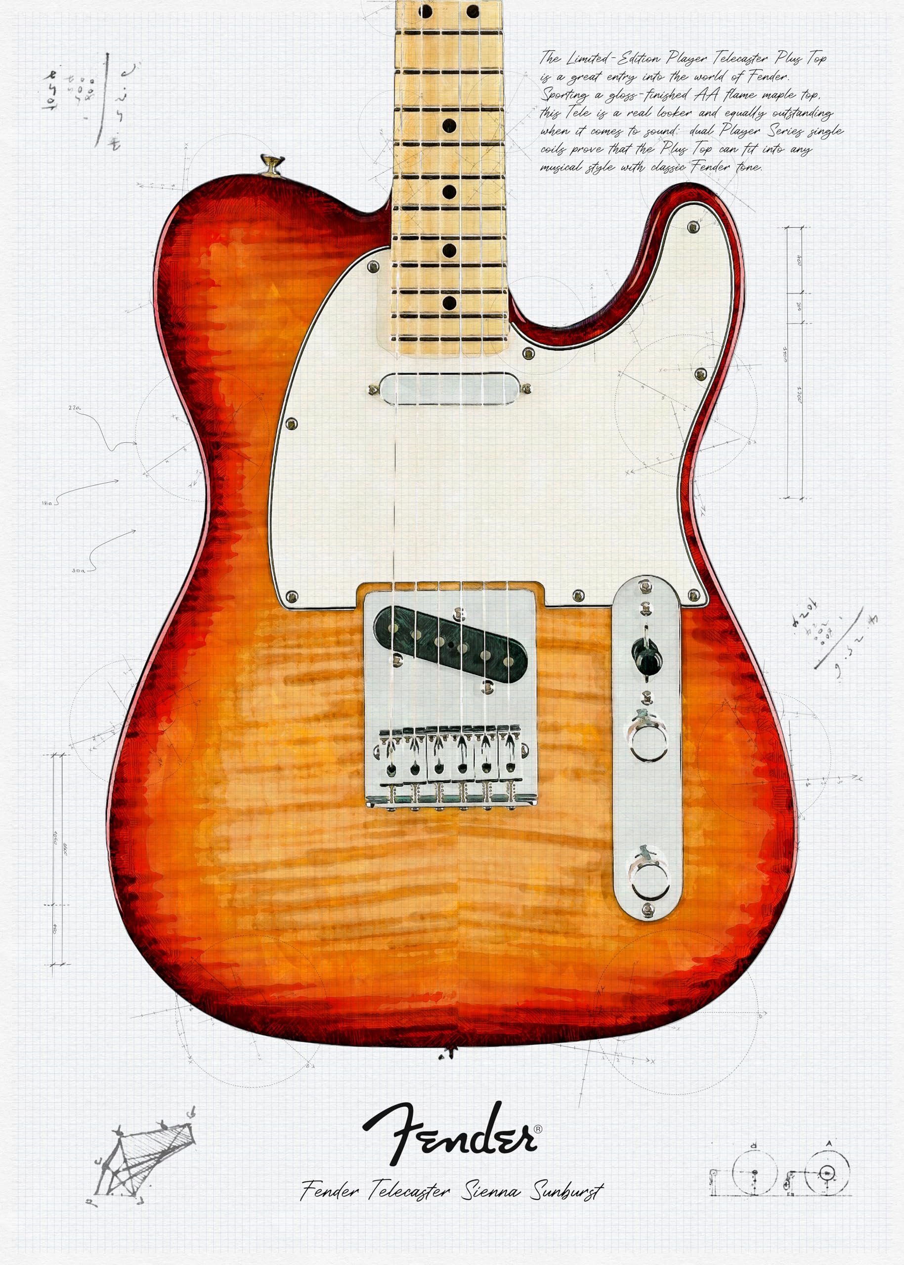A4 print - Fender Telecaster Sienna Sunburst guitar design art print - Unframed