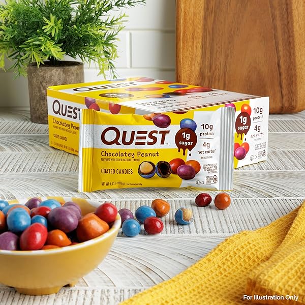 QUEST NUTRITION COATED CANDIES, CHOCOLATEY PEANUT, 1G SUGAR, 10G PROTEIN, 4G NET CARBS, GLUTEN FREE, KETO FRIENDLY, 12 COUNT