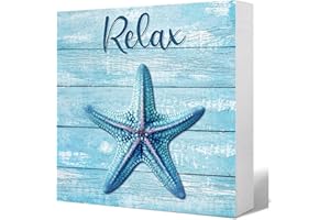 Relax Sign, Coastal Wood Sign with Starfish - Rustic Blue Wood Box Decor for Beach House, Bathroom Shelf, Desk - Ocean Themed