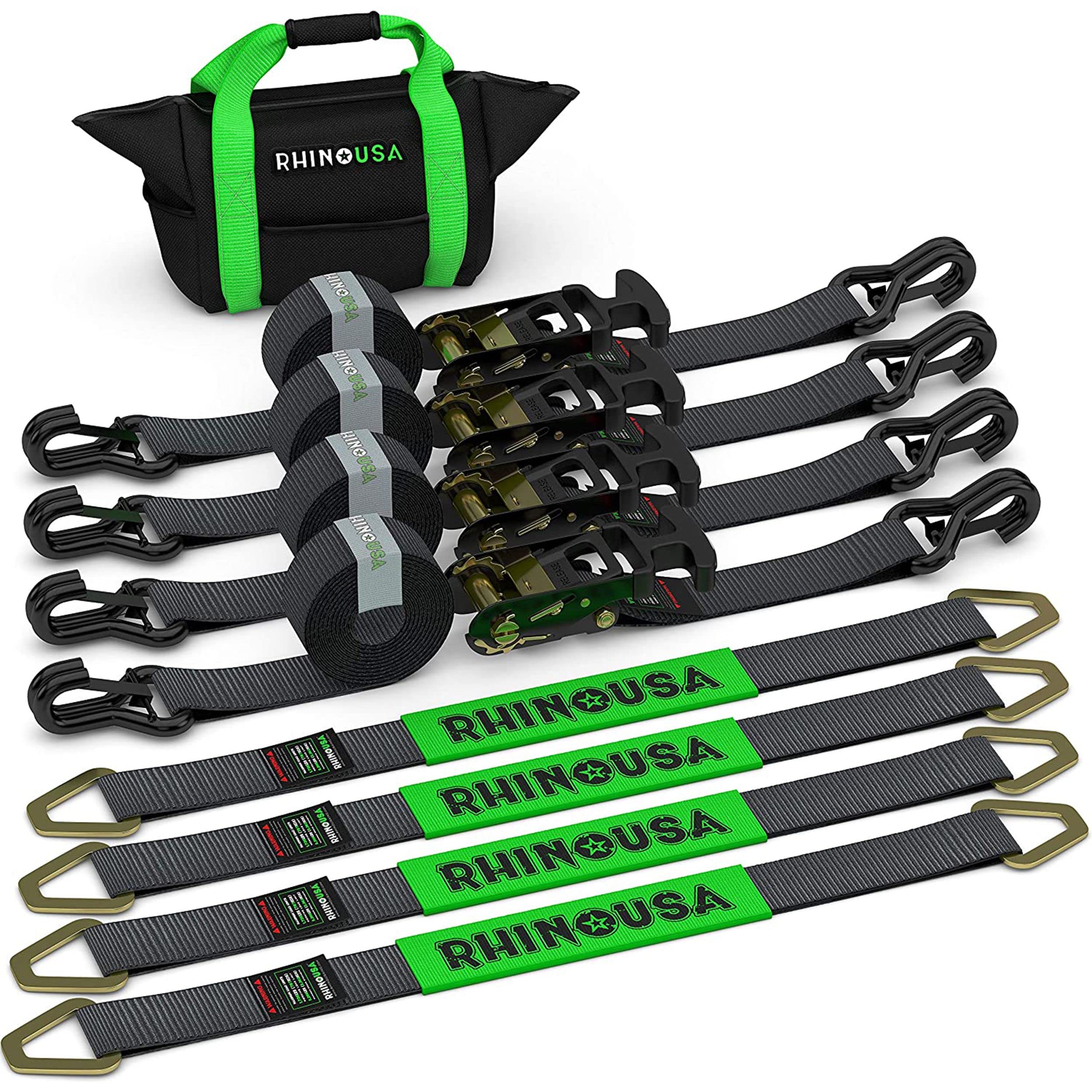 Photo 1 of Rhino USA Car Tie Down Straps for Trailers with J Hooks (4-Pack) – 2" x8' (10,000lb Break Strength) – Heavy Duty Car Hauler Tire Straps with Axle Straps for UTV, Powersports & More – Black