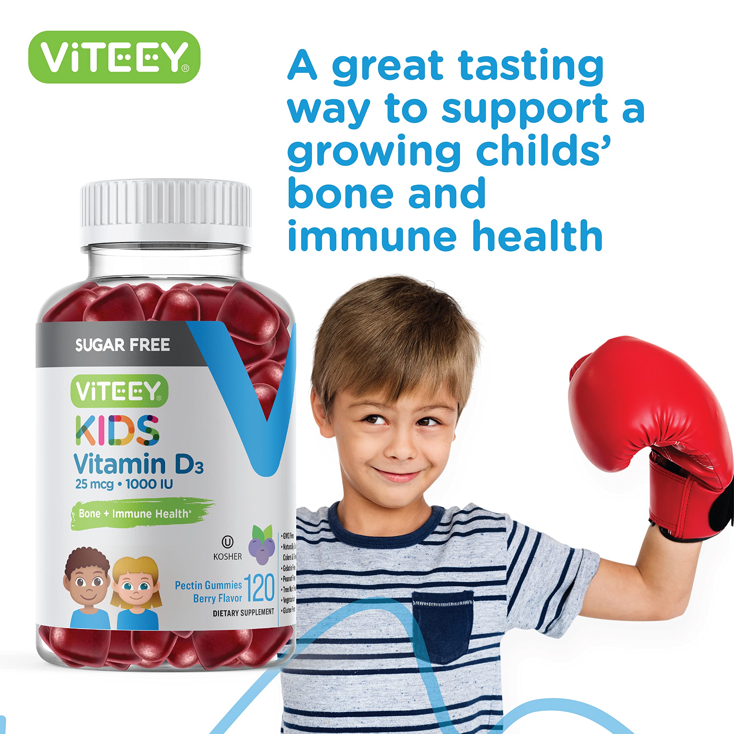 Vtamin D3 Kids Gummies 25mcg 1000 IU - Sugar Free - Bone Health, Immune Health, Joint Muscle Support - Vegetarian, Gelatin Free, Gluten Free, GMO Free - Tasty Chewable Berry Flavored Gummy