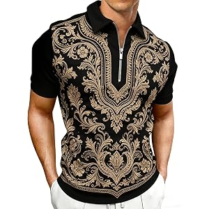 Hodaweisolp Men's Short Sleeve Zipper Casual Slim Fit Printed Golf Polo Shirt Tops