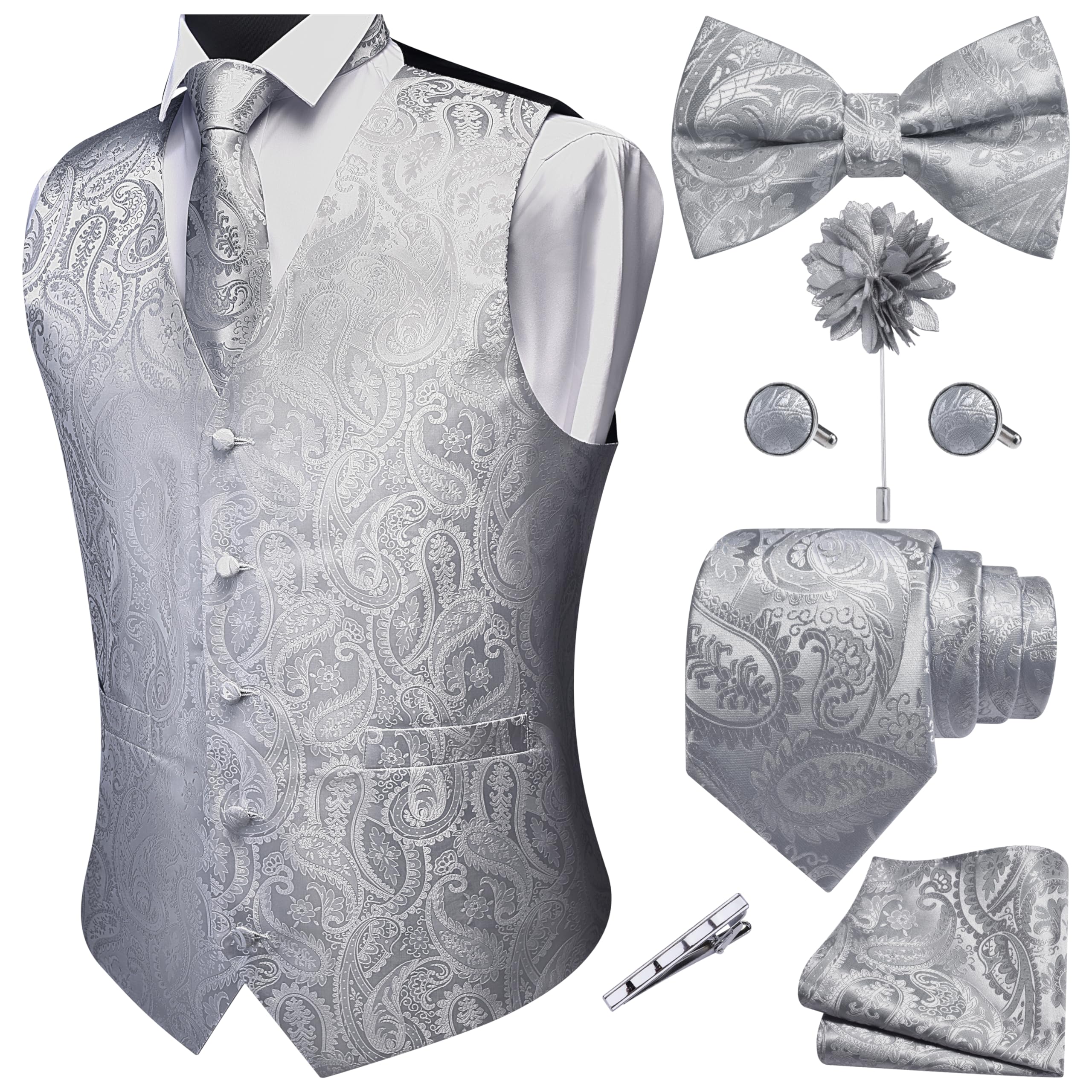 GUSLESON Light Grey Mens Vest Tie and Bow Tie Set