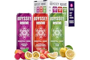 ODYSSEY ELIXIR Odyssey Revive Sparkling Hydration Drink w/L Theanine, Lions Mane, Cordyceps and Electrolytes, Caffeine Free Natural Energy Drinks, Vegan, Non-GMO, 12 Fl oz, Variety Pack, 12 Cans