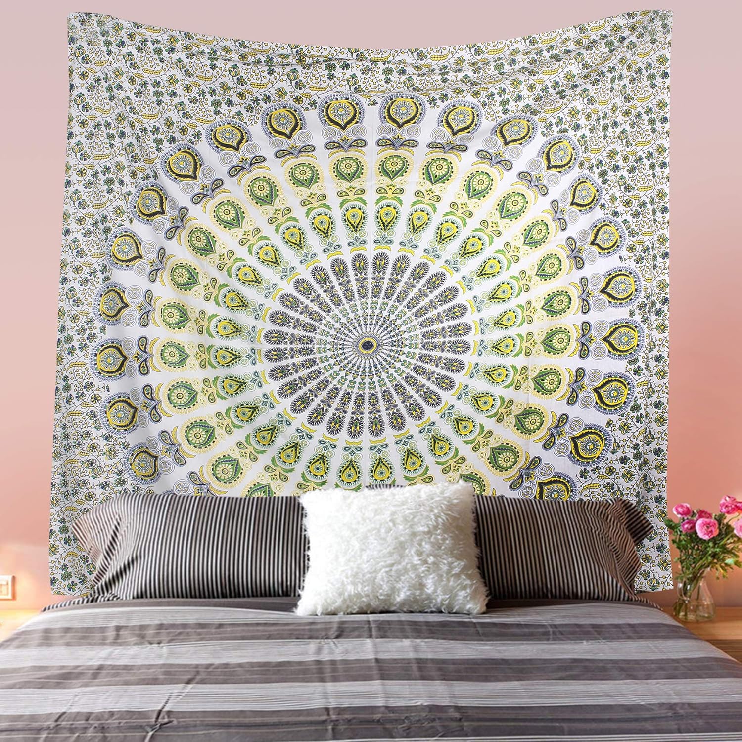 Bless International Indian hippie Bohemian Psychedelic Peacock Mandala Wall hanging Bedding Tapestry (Yellow Green - Image 3