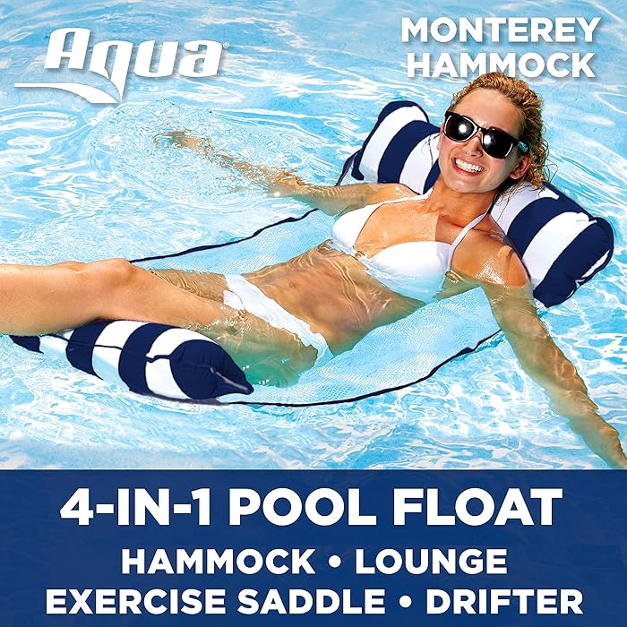 Aqua Monterey 4-in-1 Multi-Purpose Inflatable Hammock (Saddle, Lounge Chair, Hammock, Drifter) Portable Pool Float, Navy/White Stripe