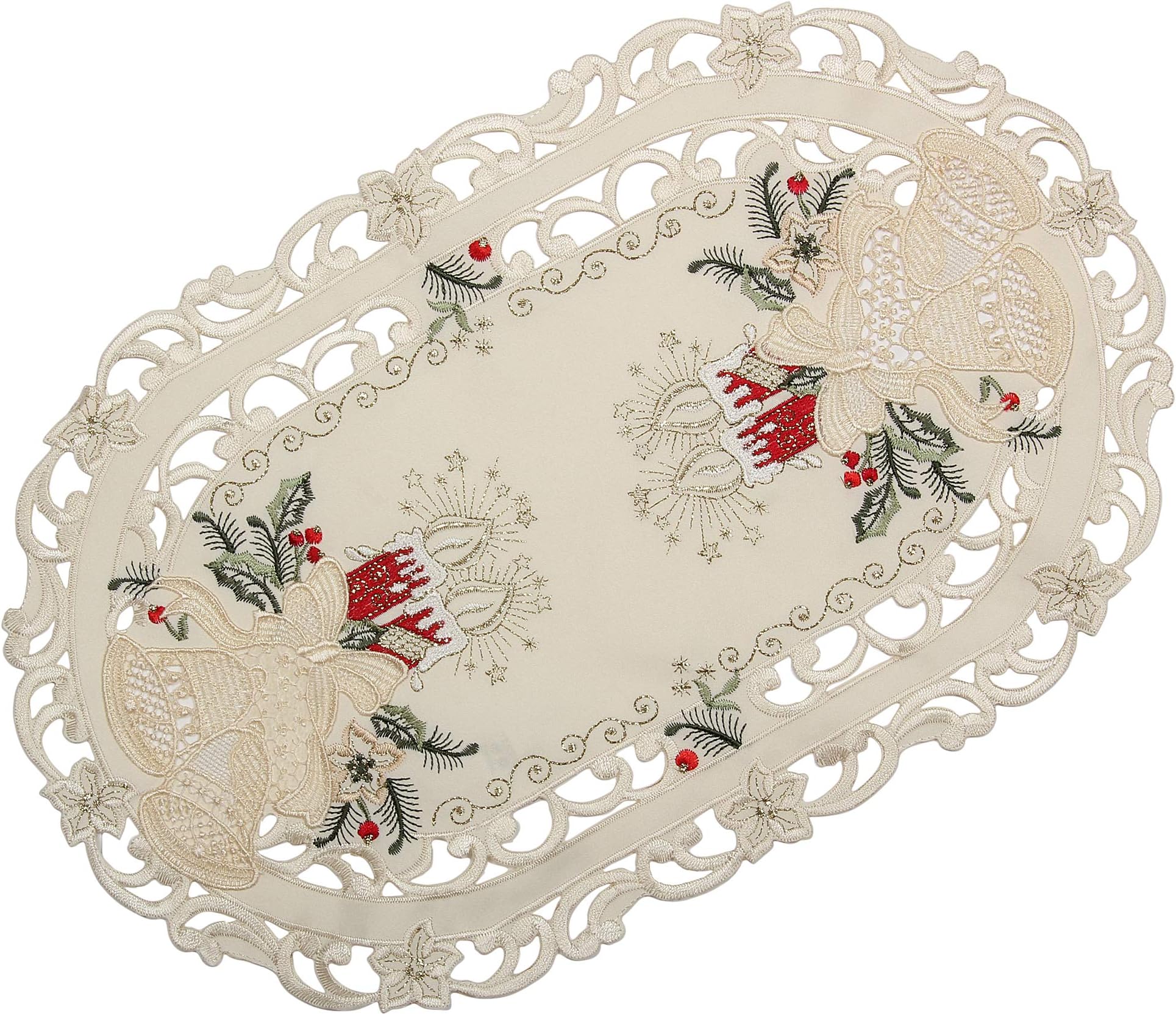 QuinnyshopChristmas Embroidred with Lace Bells and Red Candles Oval 12-Inch-by-17-Inch / 30 x 45 cm Polyester Placemats/Runners, Cream Ivory