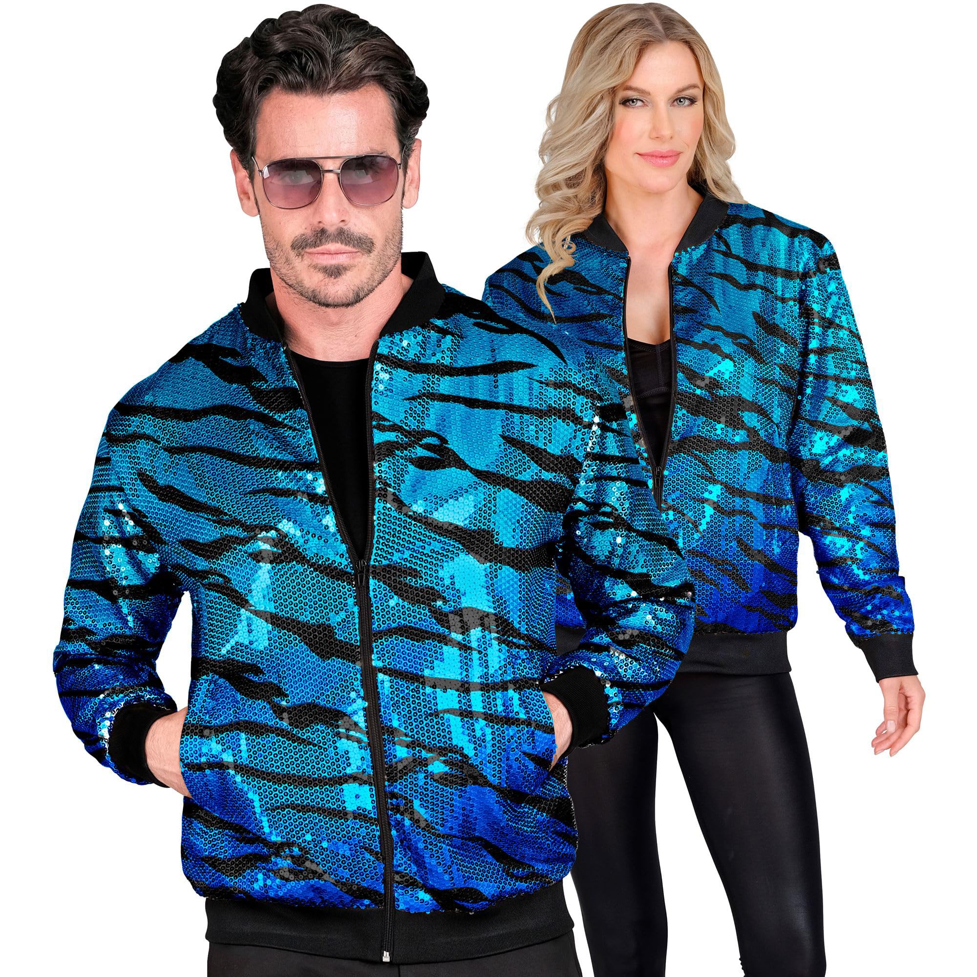 Widmann - Party Fashion Bomber Jacket, Blue Waves, Sequin Jacket, Vest, Party Outfit, Disco