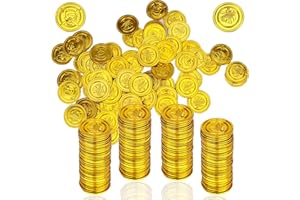 LVYOUIF 100 PCS Pirate Gold Coins Plastic Play Treasure Coins Pirate Treasure Kids Fake Golden Toy Coin Bulk St.Patrick's Coin for Pirate Party Pirate Tokens Coins Toy Round Pirate