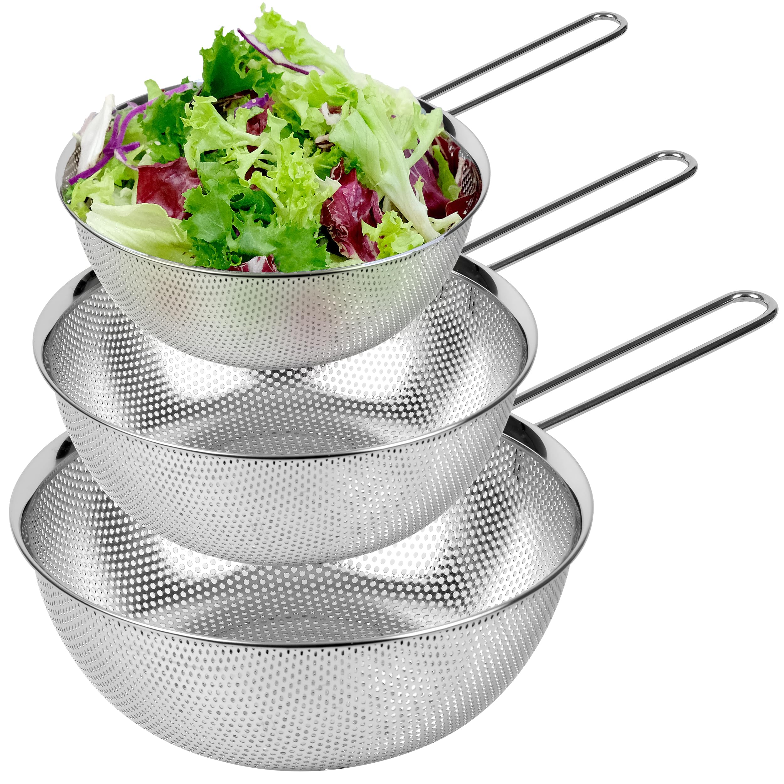 Photo 1 of COMPORT K Premium 18/8 304 Stainless Steel Strainer Set of 3 with Long Handle, Micro-Perforated Colanders 1.5-2.5-4 Quart Set, Self-Draining Solid Base for Pasta, Fruits, Vegetables, Made in Korea