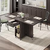 Jocoevol Space Saving Folding Dining Table for 4, Foldable Dining Table with Drawer and Storage Shelf, 6 Wheels Drop Leaf Kitchen Dining Room Table for Small Space (Walnut, 47.2" x 23.6" x 29.9")