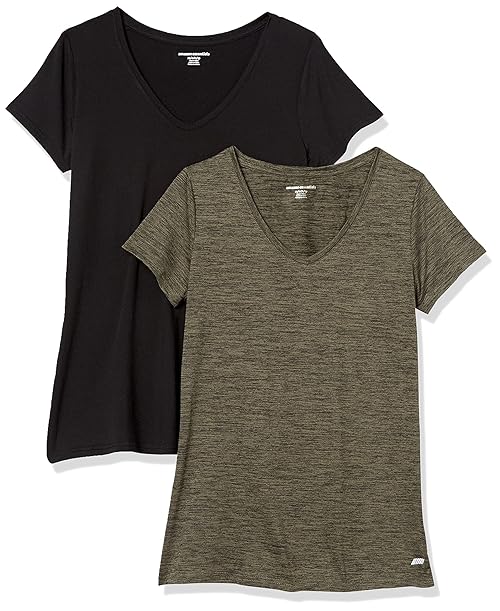 Amazon Essentials Women's Active Quick Dry Tech Stretch Short-Sleeve V-Neck T-Shirt (Available in Plus Size), Pack of 2, Black/Olive Space Dye, Large