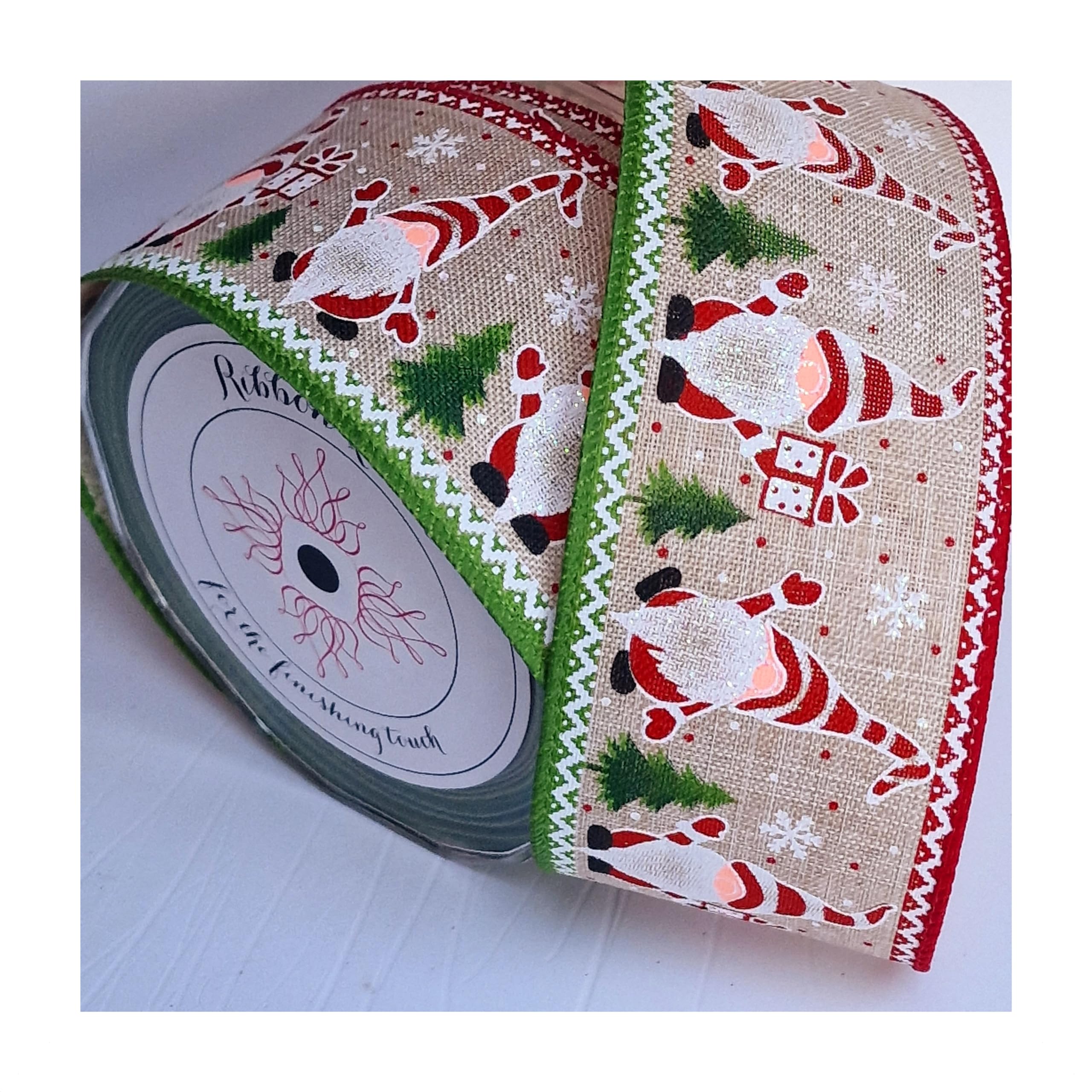 10m x 2.5” (63mm) Roll Wire Wired Edged Edge Christmas Ribbon Tree Tinsel Wreath Gift Bows. from a UK Specialist (Glittery Burlap Gnomes) — image 1