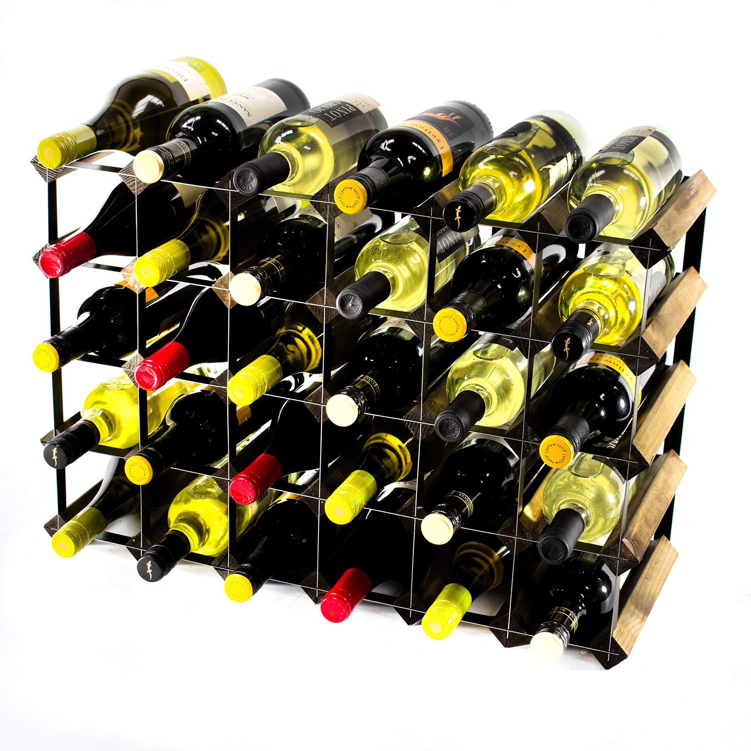 Classic 30 (6x4) Bottle Walnut Stained Wood and Black Metal Wine Rack Ready Assembled