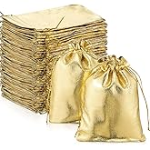 PerKoop 200 Pcs Gold Gift Bags 5 x 7 Inches Jewelry Pouches With Drawstring Metallic Gold Party Favor Bags for Wedding, Birthday, Christmas Gifts