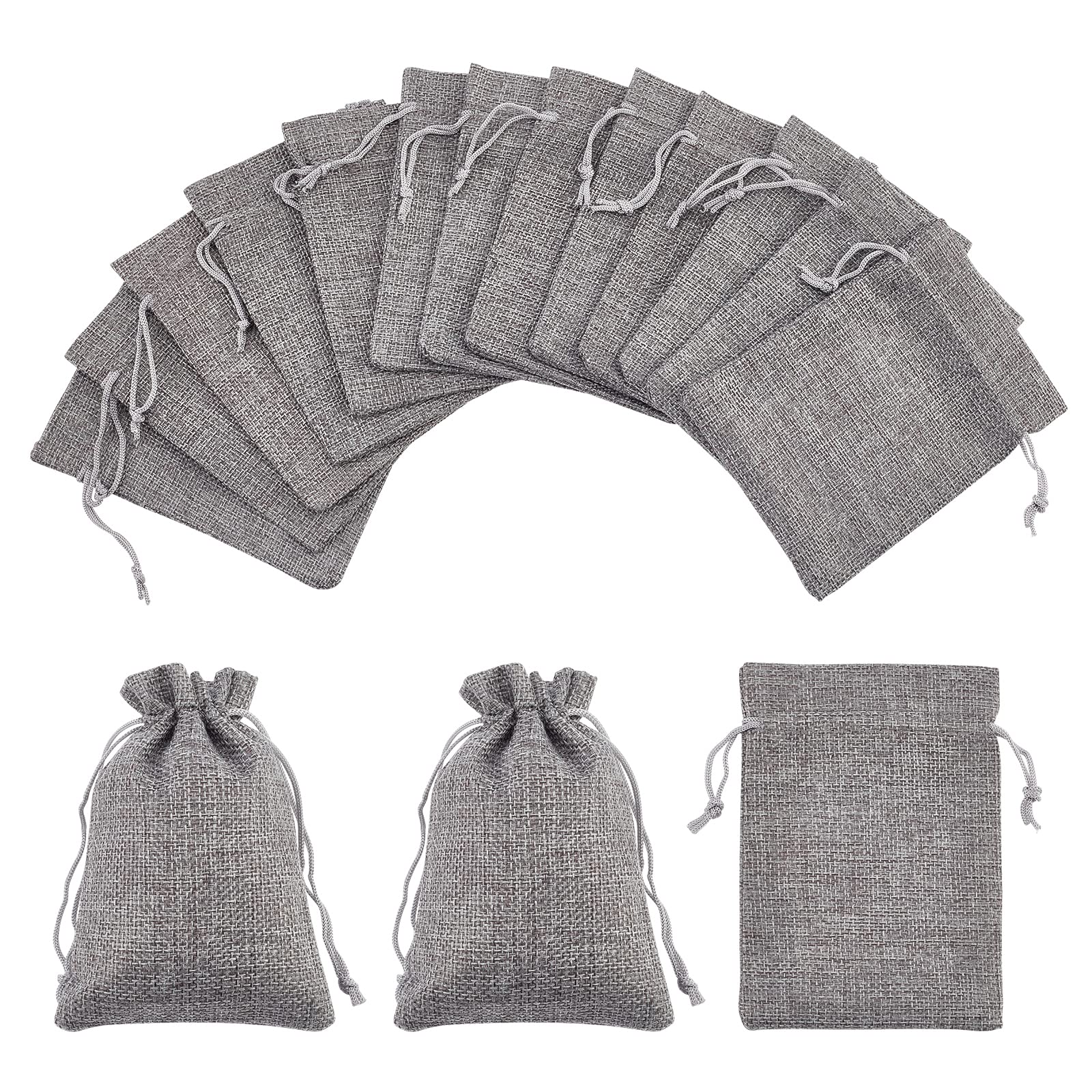 NBEADS 50 Pcs Burlap Gift Bags with Drawstring Wedding Jute Sacks Jewelry Pouches for Wedding Party and Diy Craft, Gray, 13.5-14x9.5-10cm